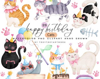 Watercolor Birthday Cat Clipart – Pastel Party, Commercial Use