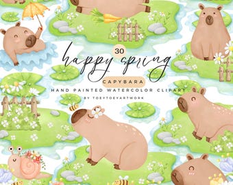Watercolor Spring Capybara Clipart, Hand-Drawn Garden Animals (Commercial Use)