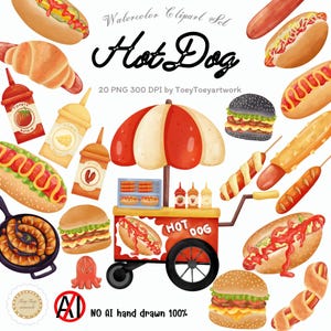 Aquarell Hot Dog Clipart, Hot Dog Clipart, Hot Dog, Essen Clipart, Grill Essen, Wurst, Sauce, Hand gezeichnet, Instant Download, kommerzielle Nutzung
