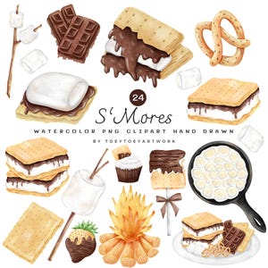 May include: A watercolour clipart set showcasing various s'mores elements, including chocolate, marshmallows, and a pretzel. The image also features a campfire and a chocolate-covered strawberry. Text reads "24 S'Mores".