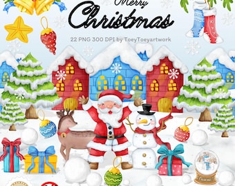 Watercolor Christmas Clipart, Christmas Elements PNG, Santa Claus Clipart, Holiday Decorations, Christmas Illustrations, Digital Download