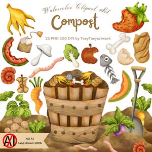 Clipart de compost de acuarela - clipart de compost - día de la tierra - ecología - reciclaje - descarga instantánea - jardinería - descomposición - uso comercial