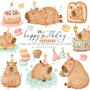 Clipart de capivara em aquarela, feliz aniversário, capivara, bonito capivara PNG, clipart infantil com capivaras, feliz aniversário em aquarela, uso comercial