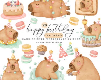 Watercolor Capybara Birthday Clipart, Commercial Use (PNG)
