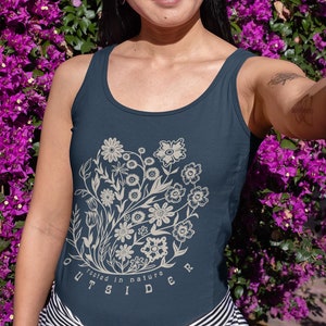 Floral Outsider Women&#39;s Tank Top, Nature Racerback Tank, Workout Shirt for Outdoor Enthusiast, Floral Print Sleeveless Tee, Summer Tank Top