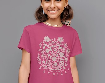 Kids Nature Graphic Tee, Floral Youth T-shirt, Outdoor Children's Shirts, Flower Pattern Childrens Top, Outdoors Themed Short Sleeve T Shirt