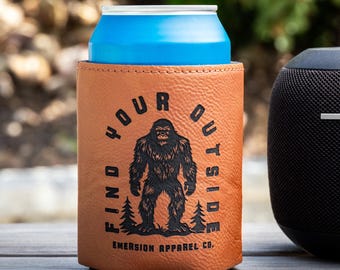 Bigfoot Cozie, Laser Engraved Camping Gifts, Unique Can Insulator, Sasquatch Can Cooler, Unique Drink Koozie, Leatherette Drink Sleeve
