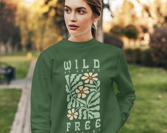 Boho Floral Sweatshirt, Retro Nature Sweater, Flower Crewneck Fleece, Soft Wildflowers Sweater, Premium Outdoors Pullover, Wild At Heart