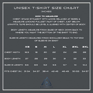 May include: Unisex t-shirt size chart in inches. The chart shows chest width, body length, sleeve length, and fits chest measurements for sizes XS, S, M, L, XL, 2XL, and 3XL.