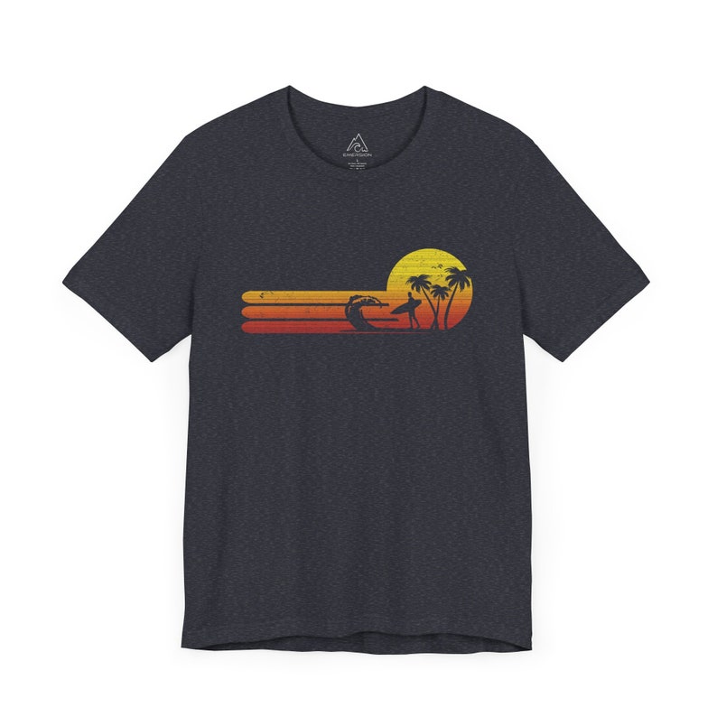Surfing T-shirt, Retro Sunset Tee, Vintage Surfer Shirt, Beach Gift T Shirt, Wave Tshirt for Men Heather Navy