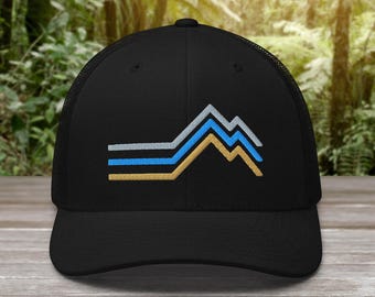 Retro Mountain Trucker Hat, Nature Snapback Cap, Gift for Mountaineer, Outdoors Adjustable Hat, Hat for Dad Gift