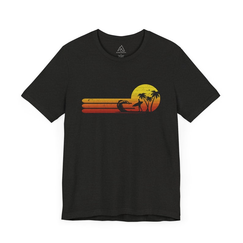 Surfing T-shirt, Retro Sunset Tee, Vintage Surfer Shirt, Beach Gift T Shirt, Wave Tshirt for Men Black Heather
