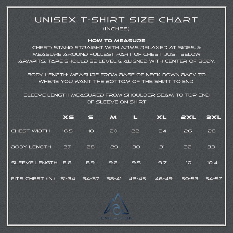 K&ouml;nnte beinhalten: Unisex T-Shirt Gr&ouml;&szlig;entabelle in Zoll. Die Tabelle zeigt Brustweite, K&ouml;rperl&auml;nge, &Auml;rmell&auml;nge und Brustweite f&uuml;r die Gr&ouml;&szlig;en XS, S, M, L, XL, 2XL und 3XL.