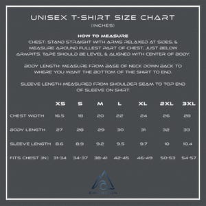 May include: Unisex t-shirt size chart in inches. The chart shows chest width, body length, sleeve length, and fits chest measurements for sizes XS, S, M, L, XL, 2XL, and 3XL.