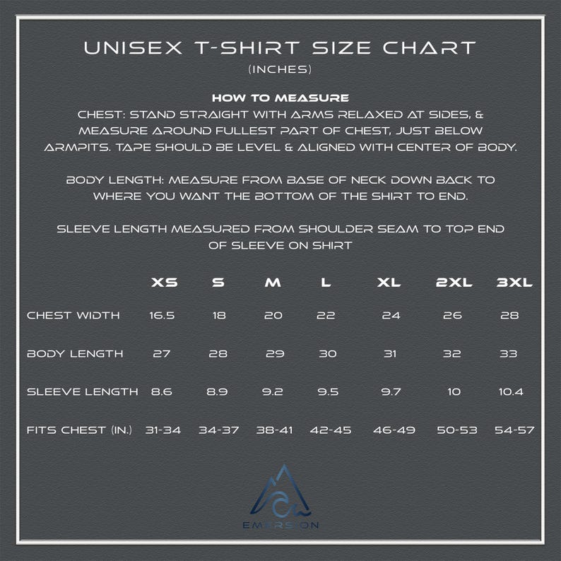 May include: Unisex t-shirt size chart in inches. The chart shows chest width, body length, sleeve length, and fits chest measurements for sizes XS, S, M, L, XL, 2XL, and 3XL.