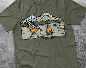 Funny Camping Shirt, Skeleton T-shirt, Outdoors Graphic Tee, Nature Lover Gift, Mountain T-shirt, Campfire Tshirt, Shirt For Camper