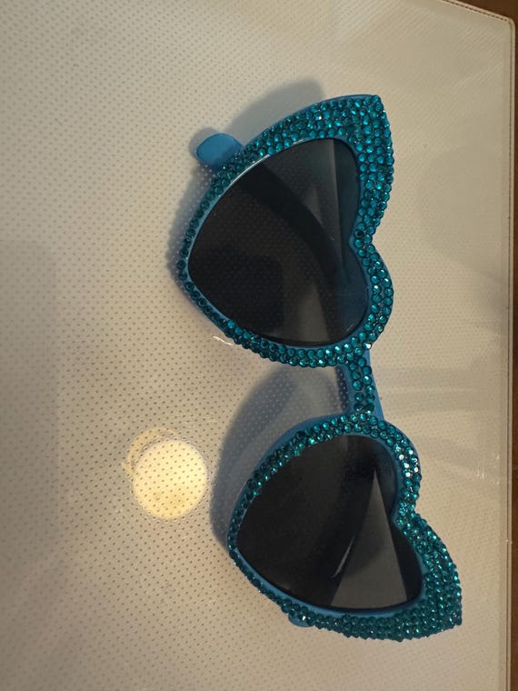 - Heart-Shaped Teal Sunglasses with Rhinestones Eras Tour Lover Heart Sunnies, Lover Inspired Swiftie Heart  main image 4