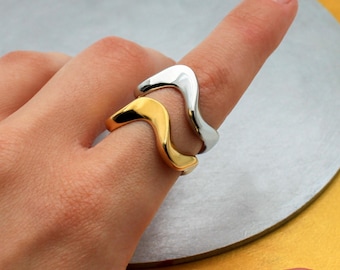 Gold Stainless Steel Wave Ring: Adjustable Stacking Ring