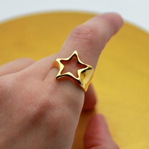 Gold Plated Star Ring - Chunky Open Star Ring - Adjustable Star Ring - Gold Asymmetrical Celestial Statement Ring - Unique Ring Gift for Her