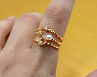 Gold Plated Moon and Star Ring: Pearl Zirconia Celestial Jewelry