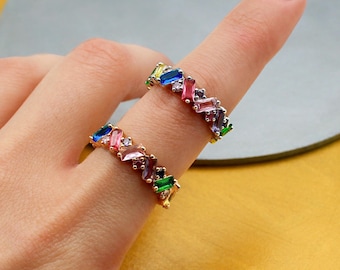 Rainbow Baguette Ring: Adjustable Gold or Silver Colorful Band, Jewelry Gift