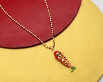 3D Movable Fish Pendant Necklace: Gold, Stainless Steel, Articulated Fish and Red Enamel Jewelry, Gift for Her