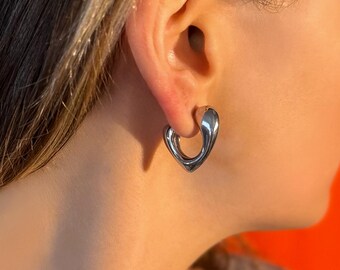 Stainless Steel Mini Heart Hoop Earrings: Abstract Silver Statement Jewelry Gift