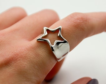White Gold Plated Open Star Ring: Chunky Celestial Y2K Statement Rings, Gift