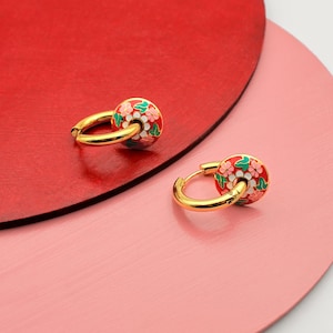 Red and Pink Enamel Flower Earrings: Gold Stainless Steel Boho Huggie Hoop Earring, Christmas Gift
