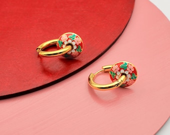 Red and Pink Enamel Flower Earrings: Gold Stainless Steel Boho Huggie Hoop Earring, Jewelry Gift