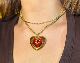 Personalized Gold Plated Initial Necklace: Big Gold and Brown Heart Choker, Y2K Jewelry, Custom Gift for Her