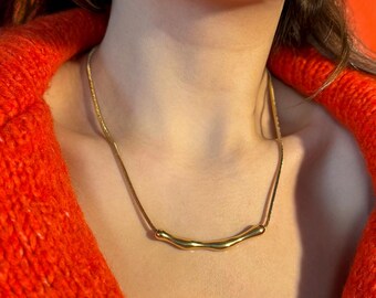Gold Wave Pendant Necklace: Stainless Steel Asymmetrical Jewelry Gift