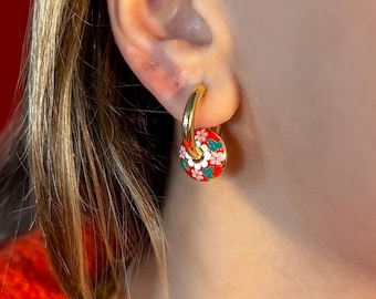 Red Flower Huggie Hoop Earrings: Gold Stainless Steel Floral Enamel Jewelry, Gift