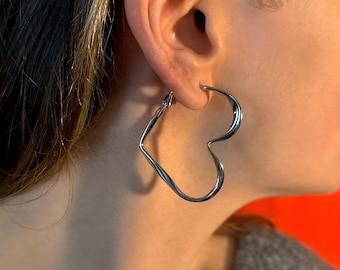 Silver Stainless Steel Big Open Heart Earrings: Minimalist Statement Jewelry, Heart Jewelry Gift
