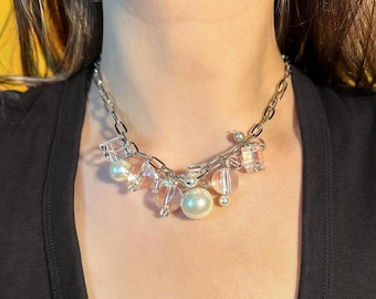 Chunky Acrylic Beaded Chain Necklace: Silver, Transparent Y2K Statement Jewelry Gift