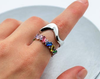 Silver Stackable Rings: Stainless Steel Wave Ring, Colorful Baguette Ring, Jewelry Gift