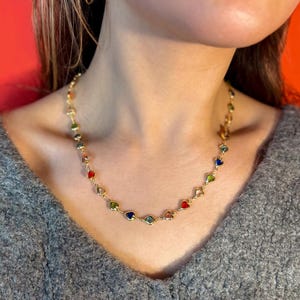 Gold Plated Colorful Dainty Heart Necklace: Rainbow Gemstones Boho Jewelry