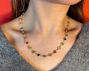 Gold Plated Colorful Dainty Heart Necklace: Rainbow Gemstones Boho Jewelry, Gift for Her