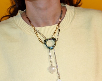 Quartz Heart Lariat Y Necklace: Gold & Silver Y2K Chain, Wired Big Open Heart Pendant