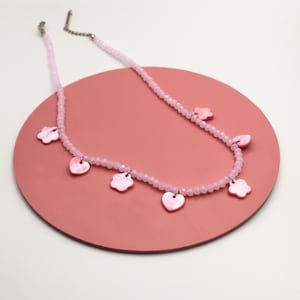 Pink Heart Beaded Necklace - Mother of Pearl Heart, Flower Charm Necklace - Soft Pink Beaded Layering Necklace - Pink Unique Gift for Her
