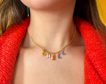Gold Plated Custom Name Necklace: Colorful Enamel Initial Charms, Personalized Y2K Style Jewelry Gift