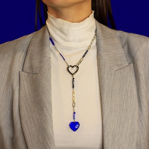 Blue Heart Pendant Y Lariat Necklace: Silver Heart Clasp, Y2K Beaded Indigo Statement Jewelry