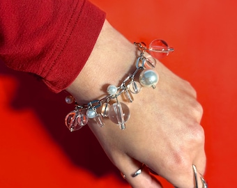 Chunky Acrylic Beaded Chain Bracelet: White Gold Paperclip Chain, Y2K Jewelry