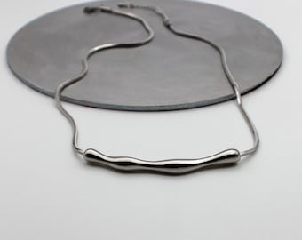 Silver Wave Pendant Necklace: Stainless Steel, Asymmetrical Organic Shaped Pendant Chain Necklace, Jewelry Gift