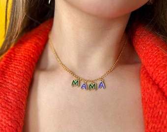 Gold Plated Custom Word Necklace: Colorful Enamel Initial Charm, Personalized Name Jewelry Gift