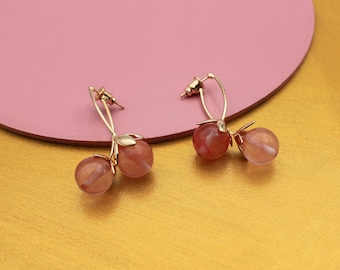 Pink Cherry Drop Earrings: Gold with Acrylic Beads