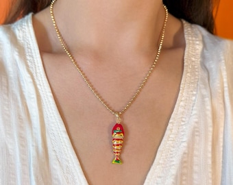 Gold Movable Fish Pendant Necklace: Stainless Steel, 3D Articulated Fish and Red Enamel Jewelry Gift