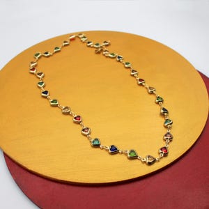 Gold Plated Colorful Dainty Heart Necklace: Rainbow Cubic Zirconia Gemstones Jewelry