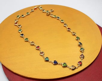 Gold Plated Colorful Dainty Heart Necklace: Rainbow Cubic Zirconia Gemstones Jewelry Gift