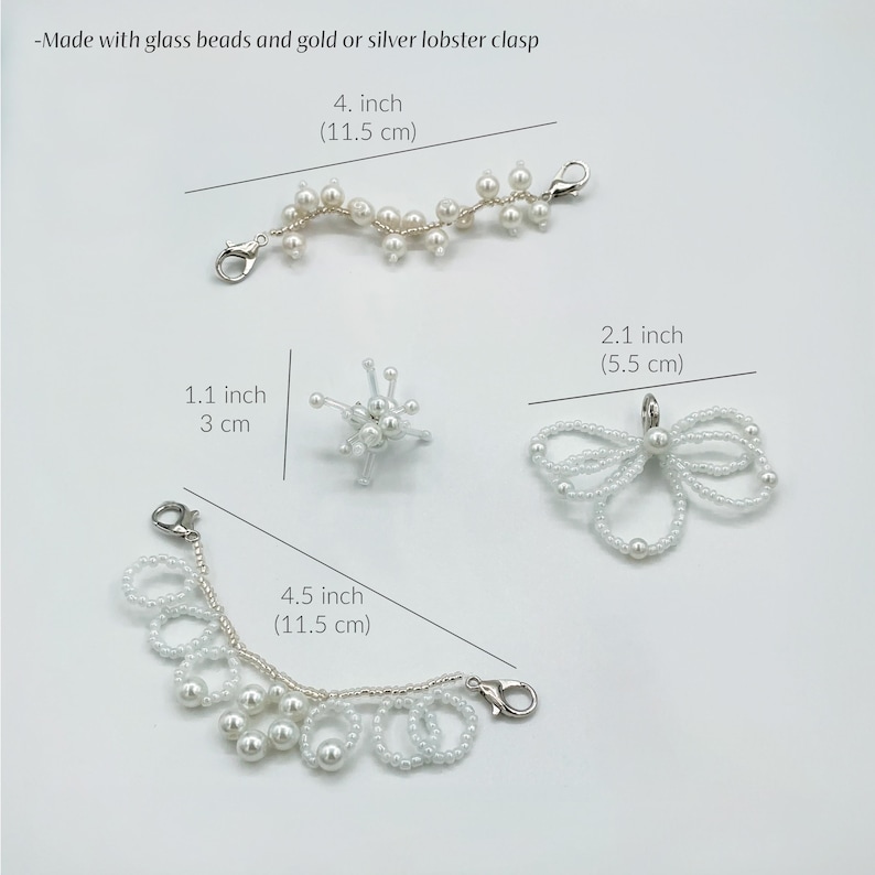 Handmade Pearl Shoe Lace Charms with Gold and Silver Details.